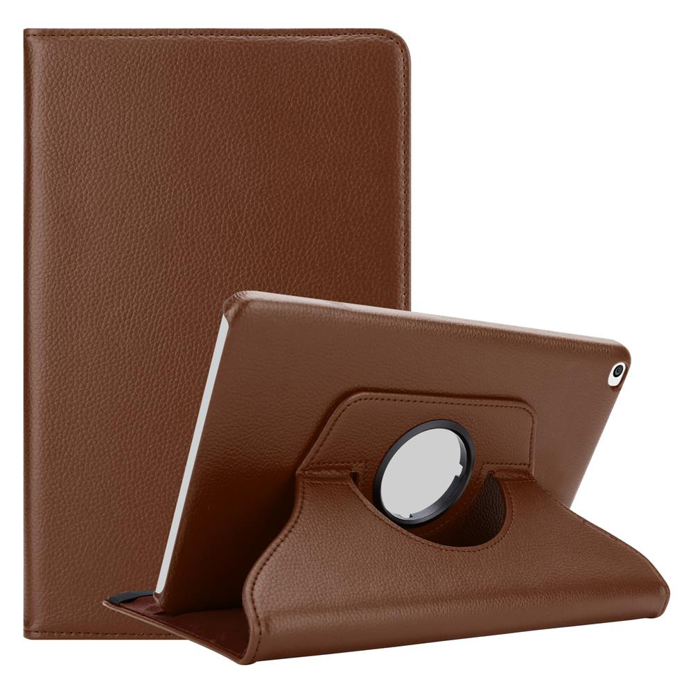 Funda de tableta de cuero marrón con soporte. La tableta está en la funda. El soporte la sostiene.
