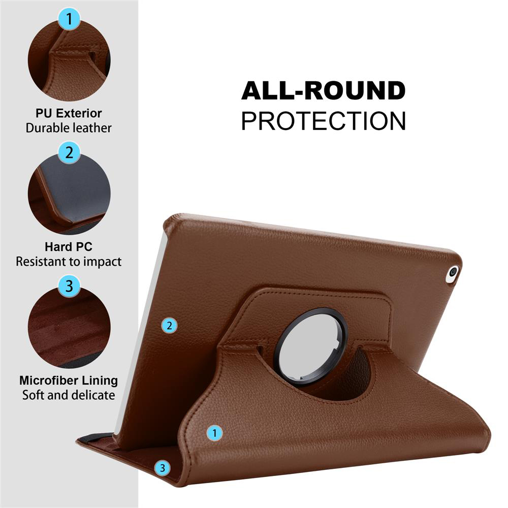 Una funda marrón para tableta con diferentes capas y texto.
