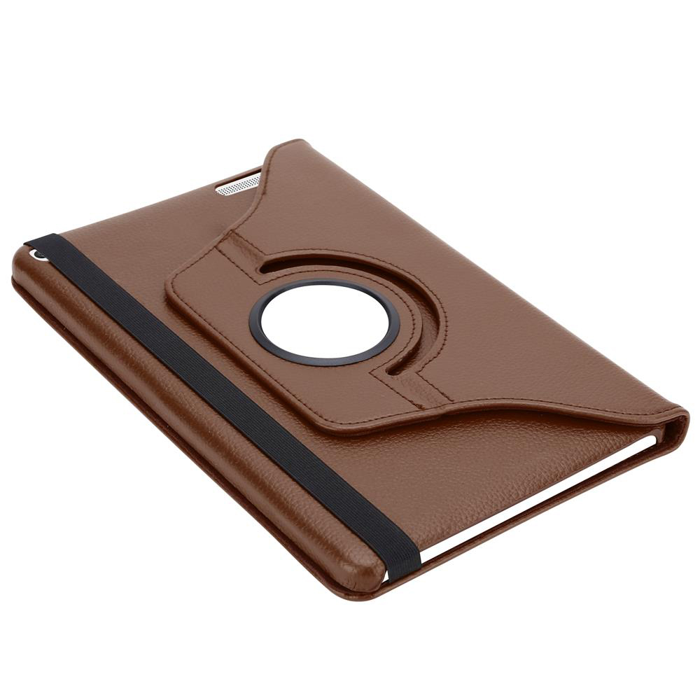 Una funda de tableta marrón con un diseño giratorio y una banda negra. La funda está cerrada.