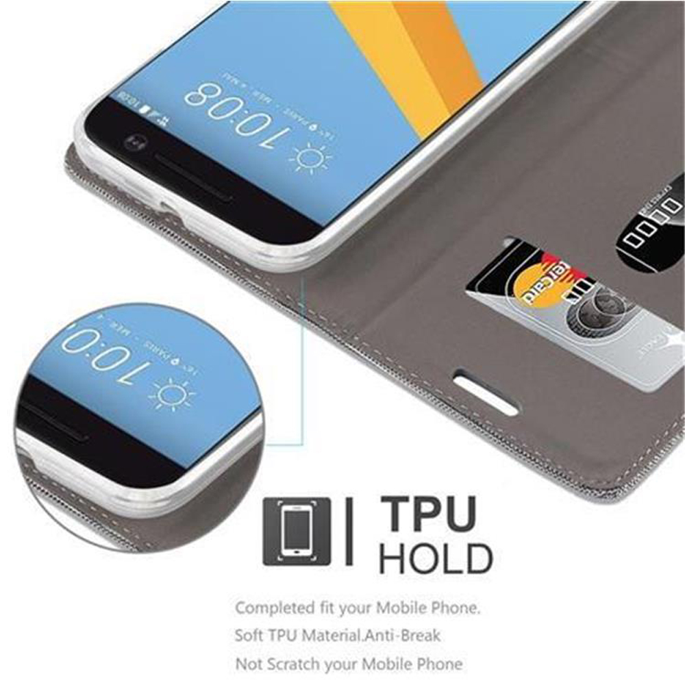 Telefono con schermo aperto che mostra carta di credito e altre carte. Il telefono è in una custodia grigia.