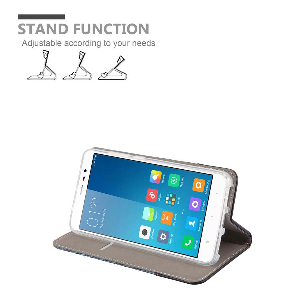 Eine offene Handyhülle mit einem Telefon darin, das den Bildschirm zeigt. Die Hülle wird von einem Ständer getragen.