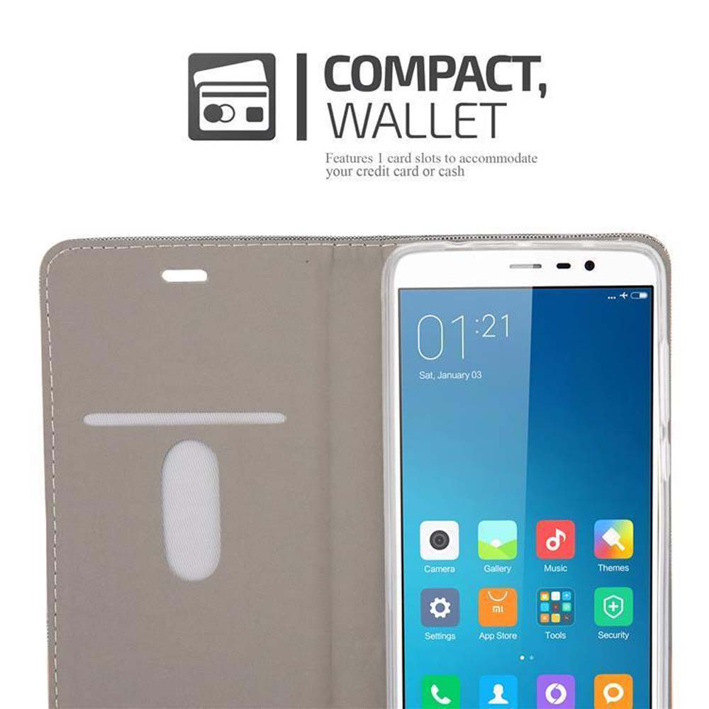 Telefon in einer Brieftasche, mit einem Bildschirm, der Zeit und Symbole anzeigt.