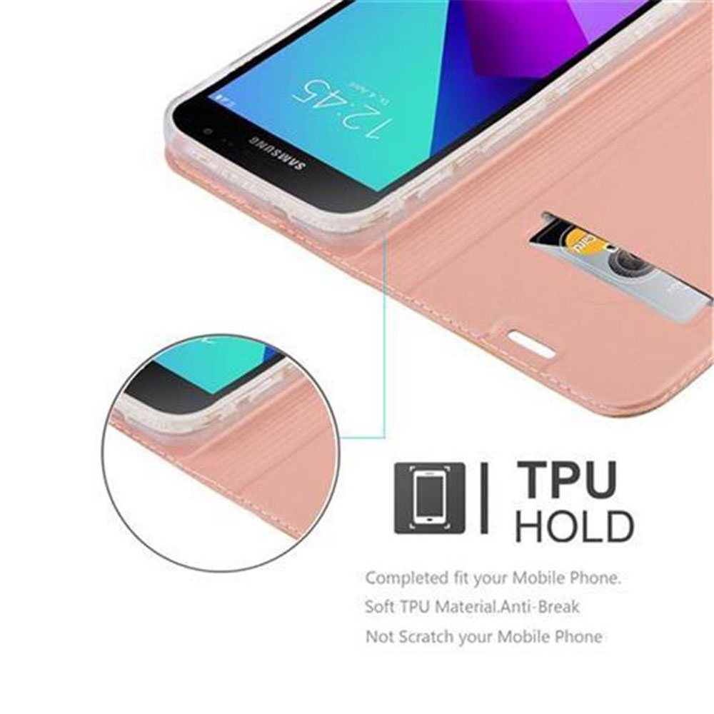 Un telefono rosa in una custodia rosa. La custodia è aperta, con una carta all'interno.
