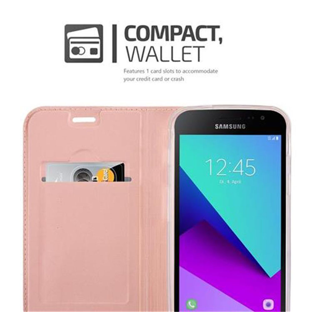 Custodia rosa per telefono con fessura per carta, testo: 'COMPACT, WALLET'.