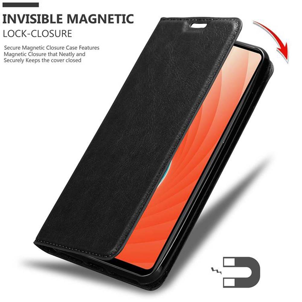 Una custodia per telefono nera con un telefono dentro. La custodia è aperta, lo schermo del telefono è visibile.