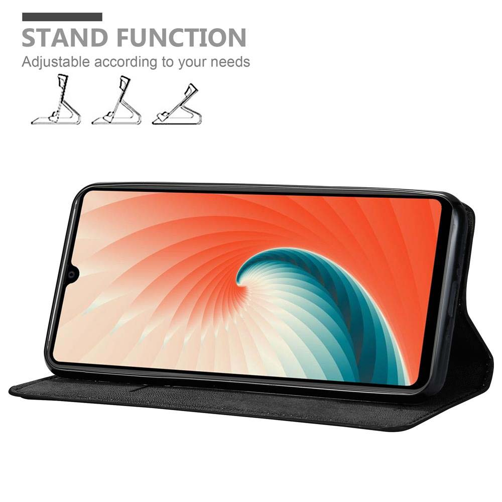 Telefono in una custodia con uno schermo che mostra un design astratto. La custodia ha una funzione stand con angoli regolabili.