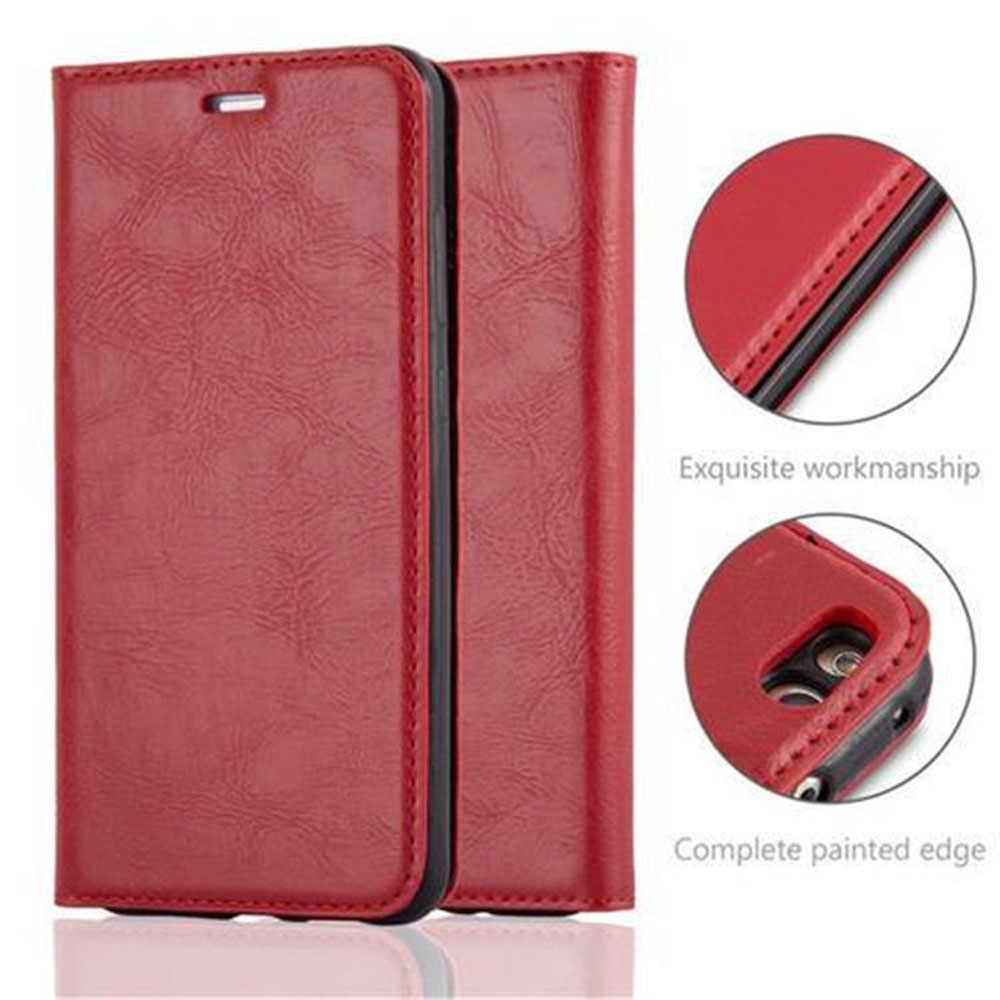 Eine rote Handyhülle ist geöffnet. Die Hülle hat eine lackierte Kante, und exquisite Verarbeitung.