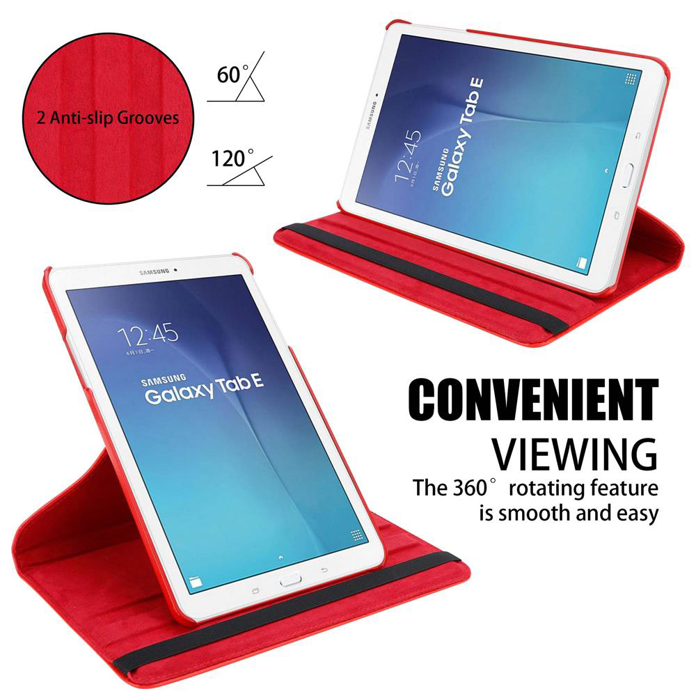 Tablet in einer roten Hülle, eingerichtet. Text sagt 'Convenient Viewing' und zeigt Winkel.