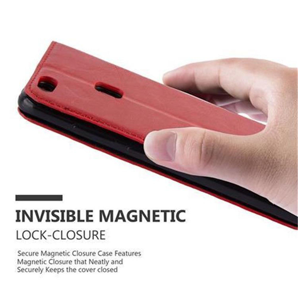Rote Telefonhülle mit Hand. Unsichtbarer Magnetverschluss für sicheren Deckel.