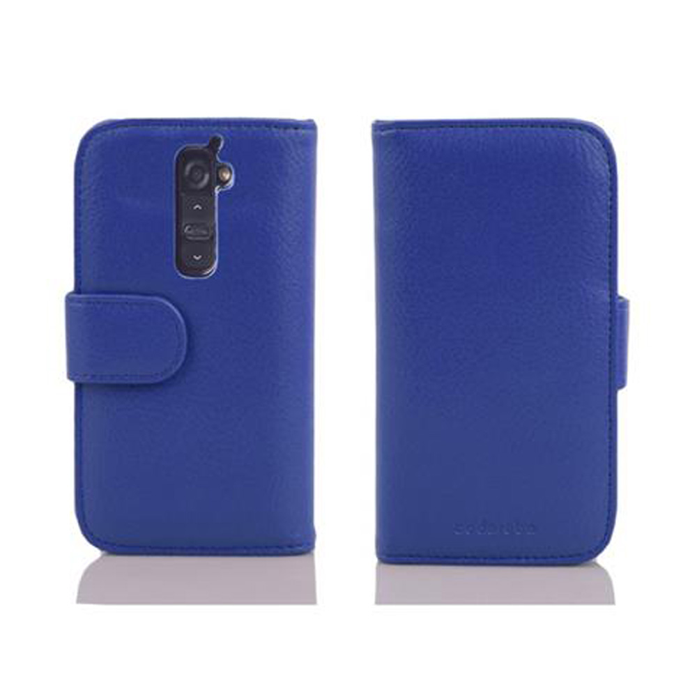 Custodia per telefono blu, aperta e chiusa. Ciascuna mostra un ritaglio per la fotocamera e il pulsante.