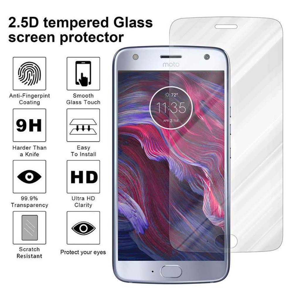 Telefono con protezione schermo e icone. Testo: Protezione schermo in vetro temperato 2.5D. Icone visualizzate.