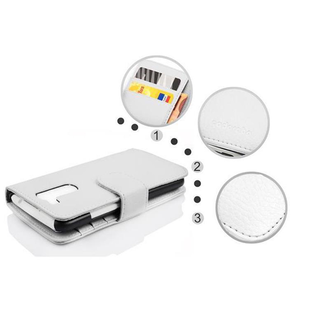 Custodia bianca per telefono con scomparti per carte, tre dettagli circolari che mostrano cuciture e texture.