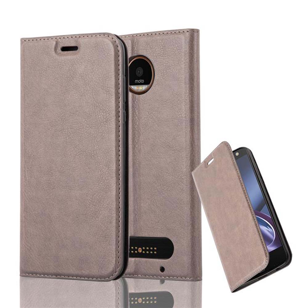 Una funda de teléfono marrón claro. La funda está abierta y se ve un teléfono.