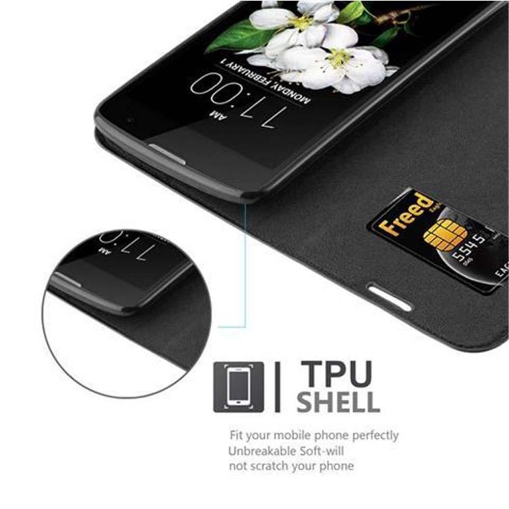 Funda de teléfono negra con ranura para tarjetas, con un teléfono dentro. Muestra la hora 7:00 AM.