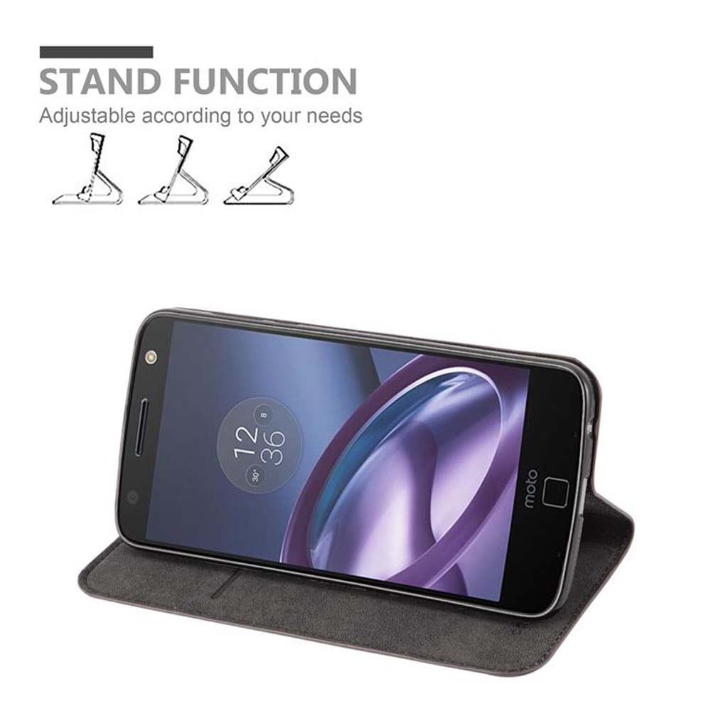 Teléfono en funda con función de soporte. La pantalla tiene un diseño de onda púrpura.