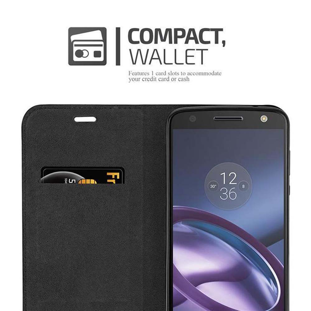 Una funda tipo cartera negra con teléfono y ranuras para tarjetas. El teléfono muestra la hora.