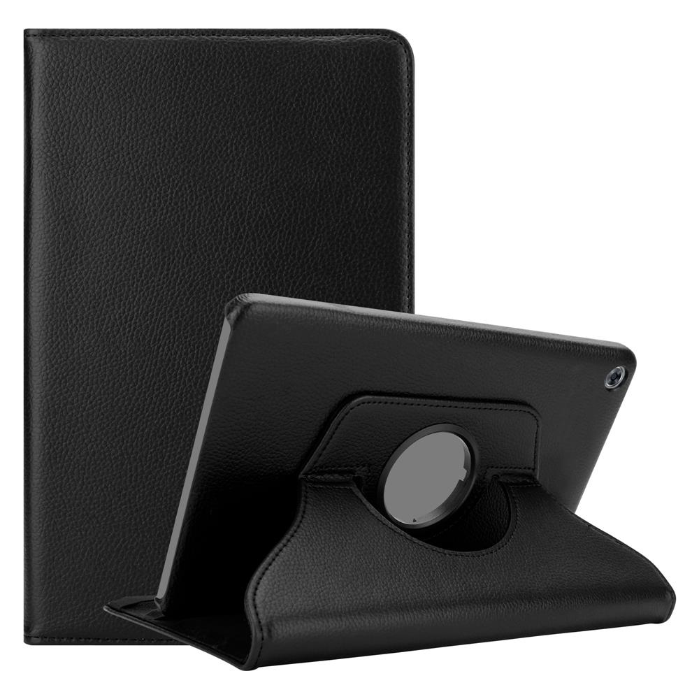 Schwarze Tablethülle mit Ständer. Das Tablet ist schwarz. Die Hülle ist aus Leder.