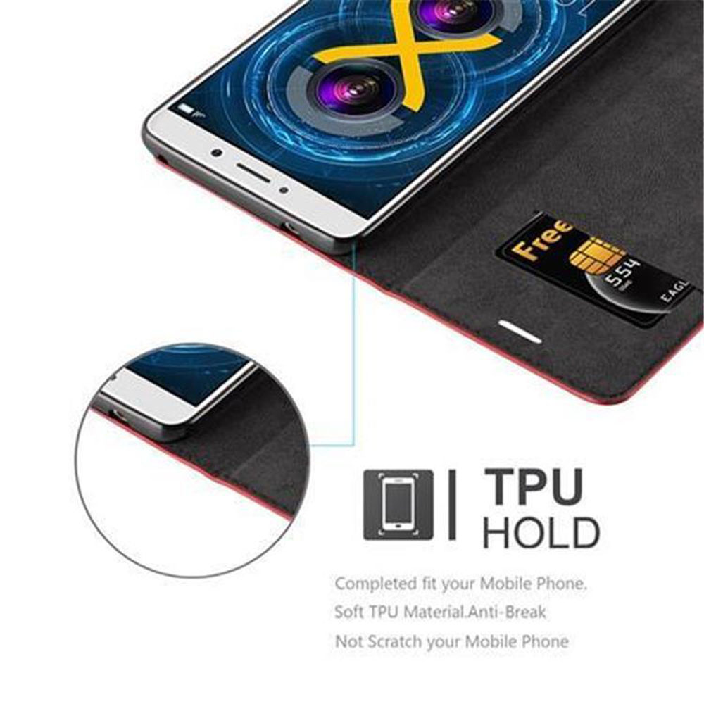 Telefono con schermo aperto, che mostra carta di credito e SIM. Il telefono è in una custodia rossa.