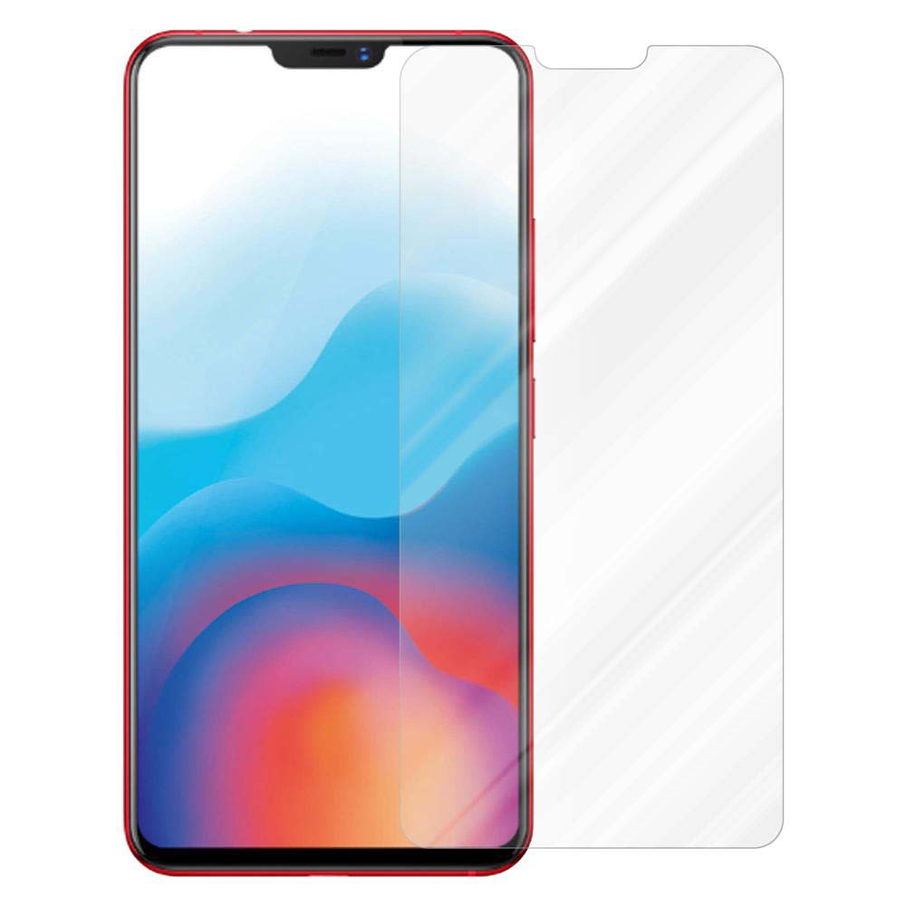 Un telefono rosso con una protezione per lo schermo. Lo schermo mostra un design astratto colorato.