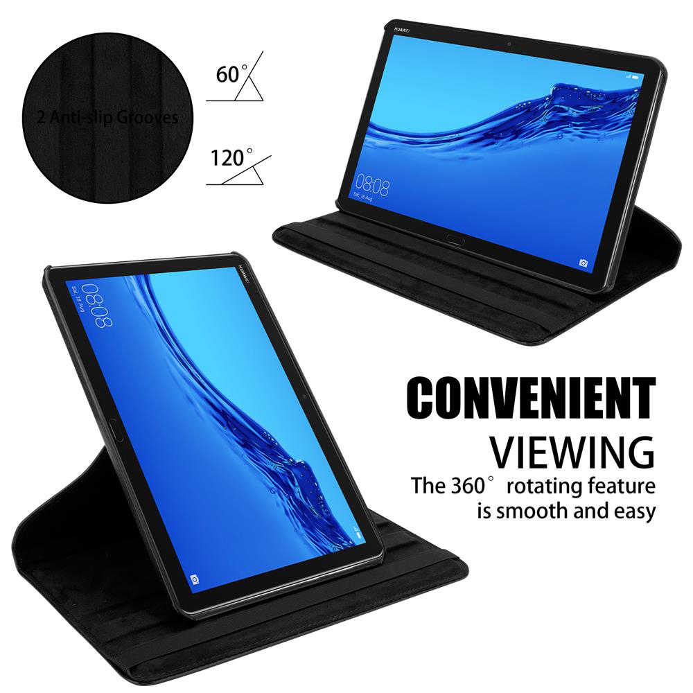 Zwei Tablets in schwarzen Folio-Hüllen, eines in einer Standposition, mit Text über das Betrachten.