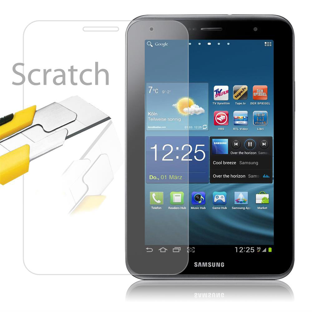 Un tablet con una protezione schermo e un taglierino. Il testo dice 'Scratch'.