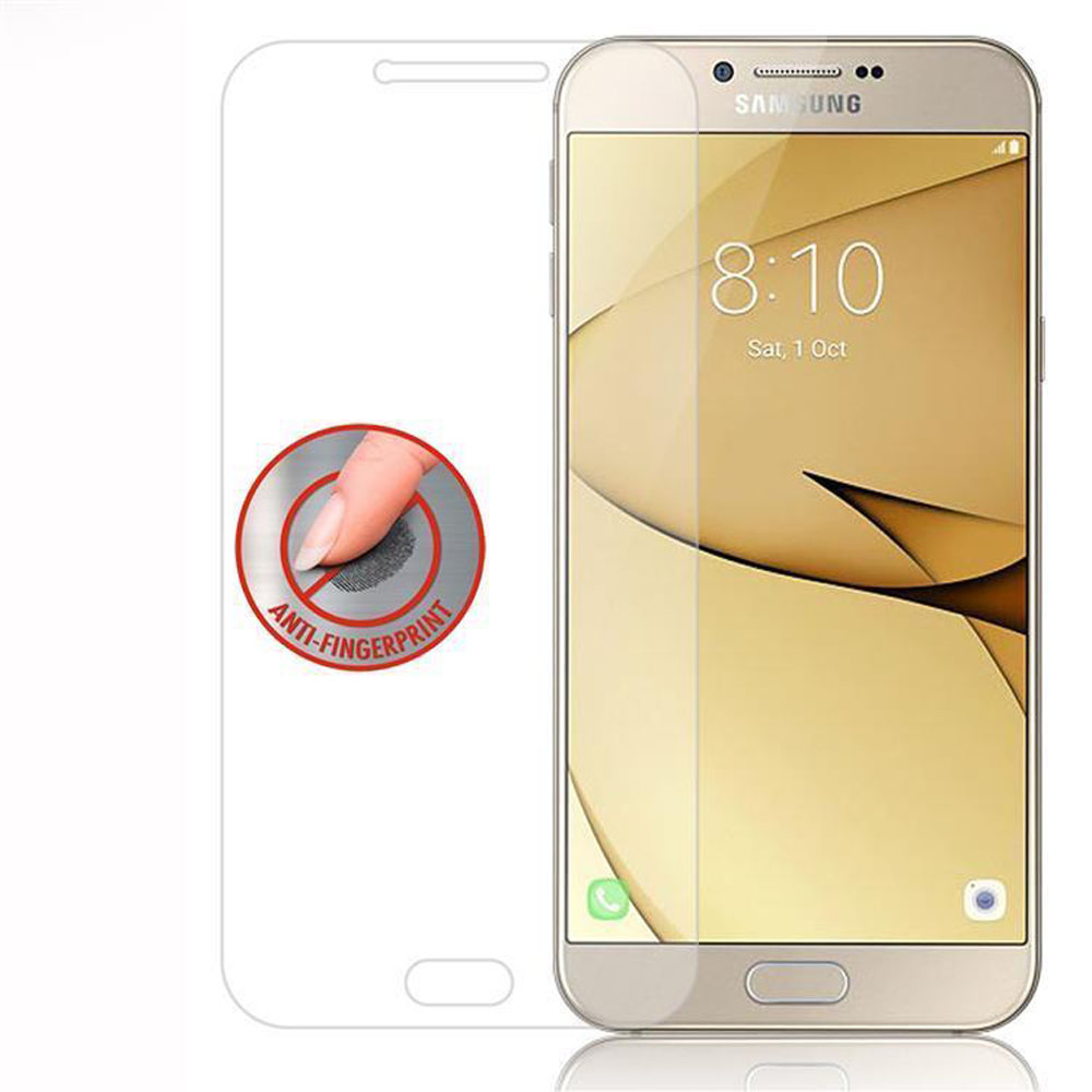 Telefono a destra, con protezione schermo e icona impronta digitale. Testo: Anti-impronte.