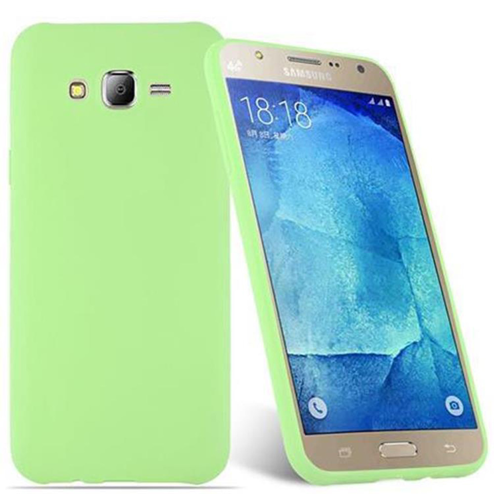 Ein hellgrünes Telefon und eine Hülle in der gleichen Farbe. Das Telefon hat einen goldenen Rand und der Bildschirm ist an.