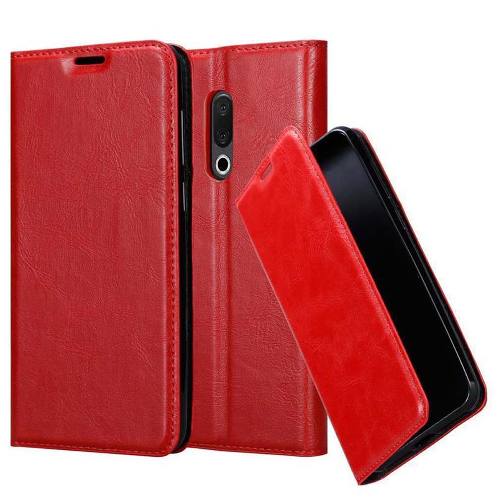 Custodia per telefono in pelle rossa, aperta, che mostra un telefono. La custodia è rossa e nera.