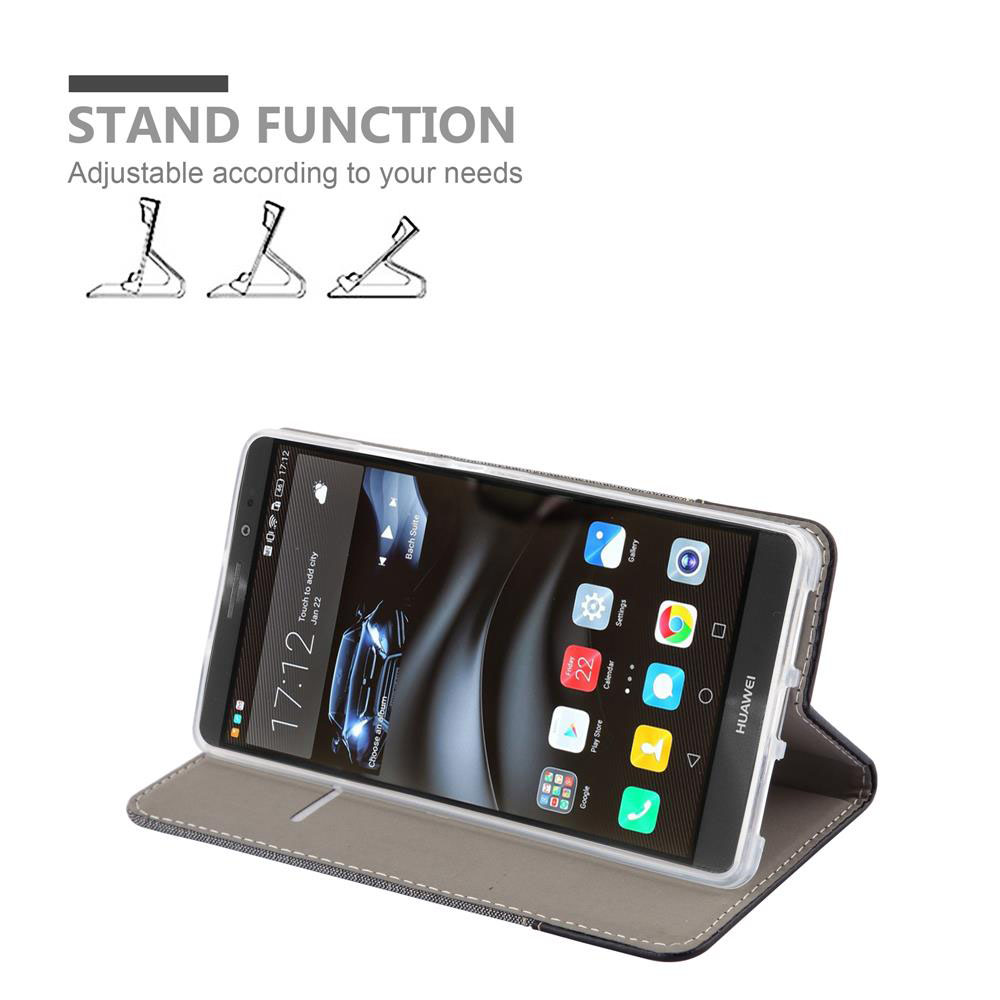 Telefon in einer Hülle, offen. Stützfunktion wird gezeigt, mit verschiedenen Stützpositionen.