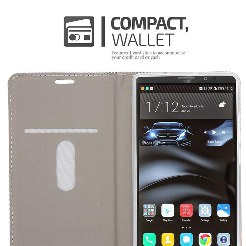 Telefon in einer grauen Brieftaschenhülle. Die Hülle ist offen und zeigt den Bildschirm.