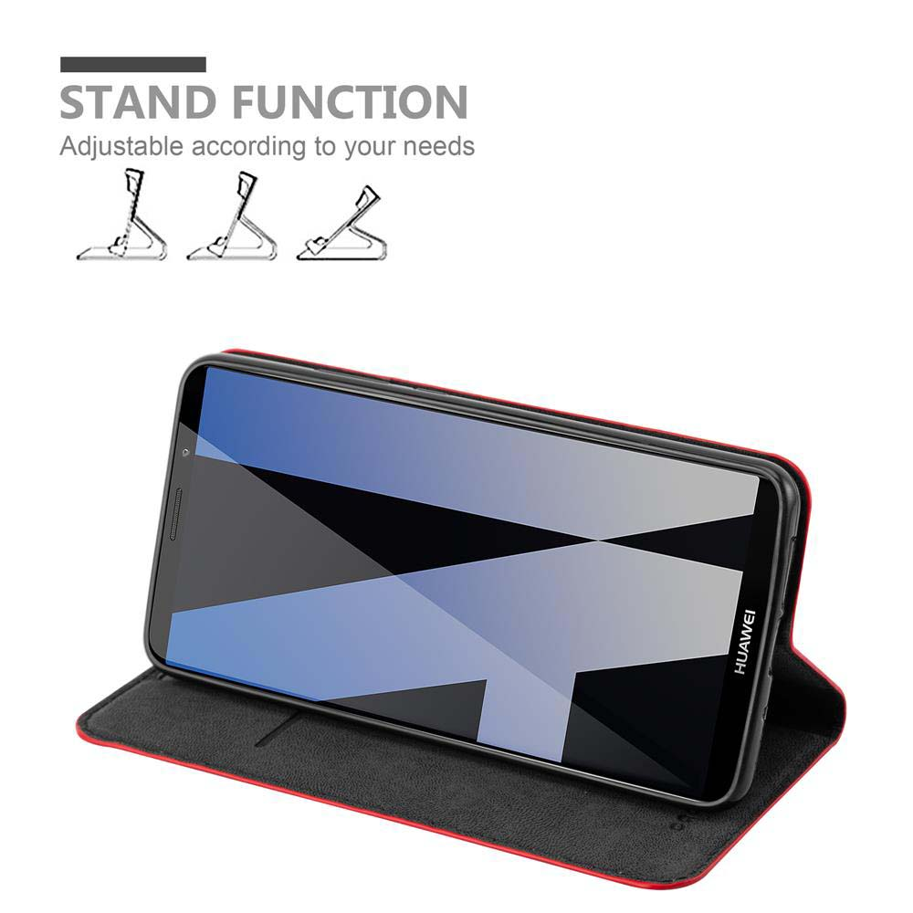 Schwarzes Telefon in rotem Gehäuse, geöffnet, um einen Ständer zu schaffen. Der Bildschirm zeigt ein geometrisches Design.