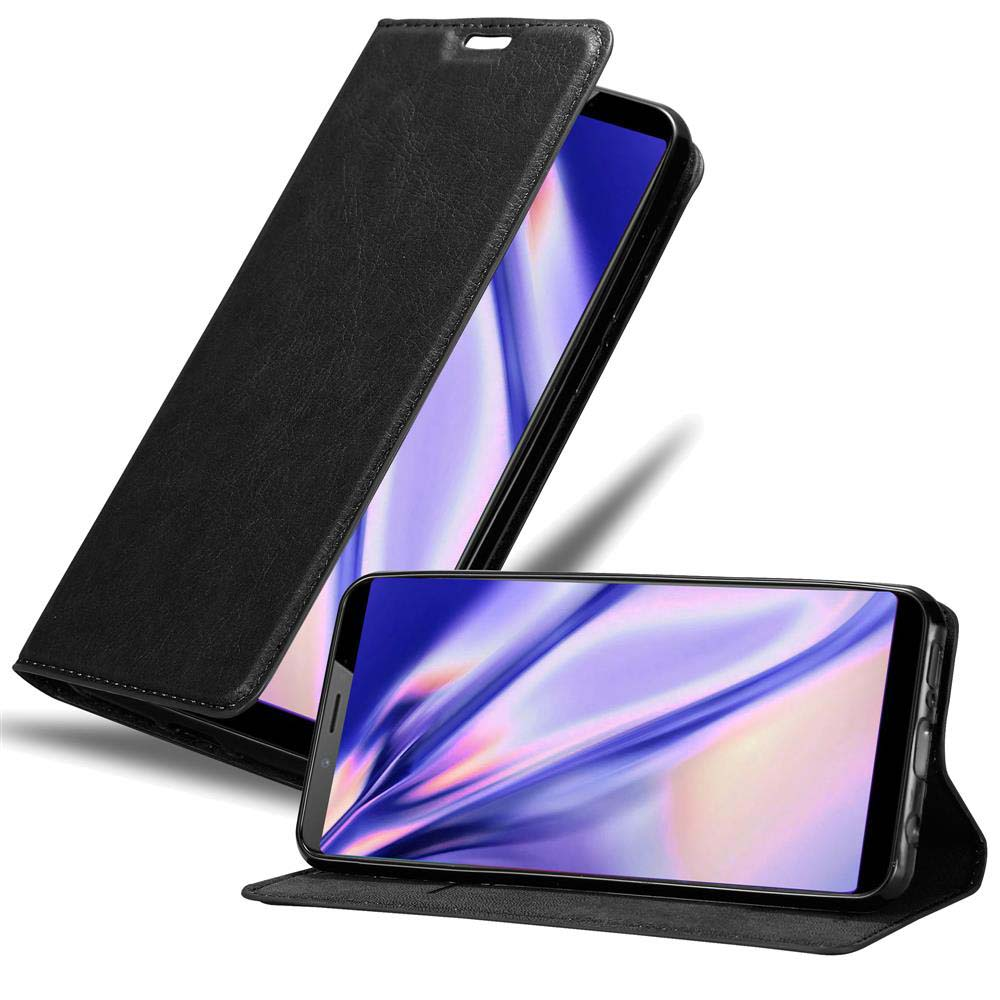 Schwarze Handyhülle mit Telefon darin. Die Hülle ist geöffnet, der Bildschirm ist sichtbar. Telefon hat farbenfrohe Anzeige.