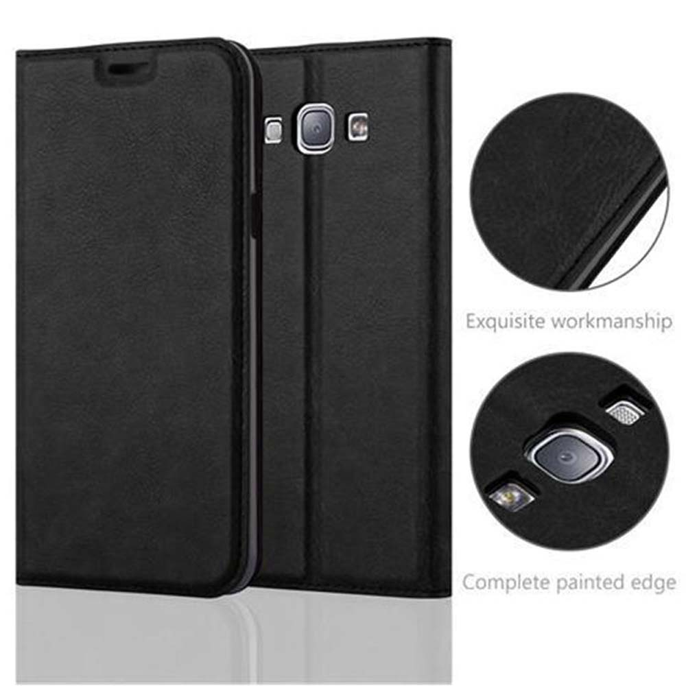Custodia nera per telefono, chiusa e aperta, con immagini dettagliate di texture e bordi.