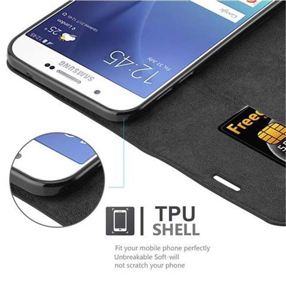 Telefono nero in una custodia. Il telefono visualizza l'ora. Testo: TPU SHELL. Si adatta perfettamente.