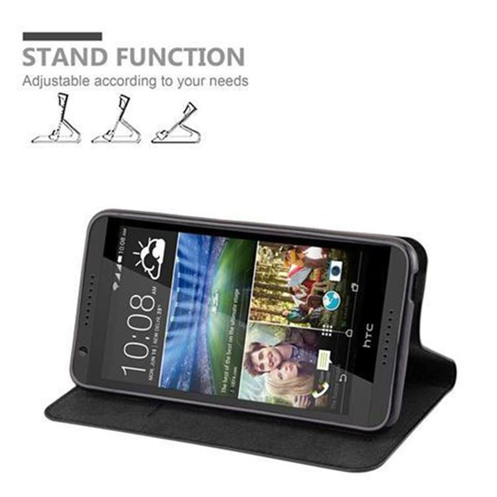 Telefono nero in una custodia con funzione stand. Il telefono visualizza un'immagine e l'ora. Lo sfondo è bianco.