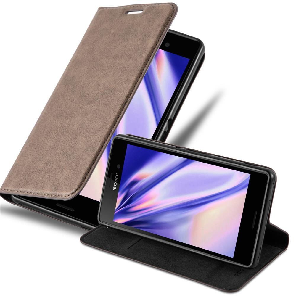 Funda de teléfono marrón con teléfono dentro, abierta. Otra funda marrón detrás.