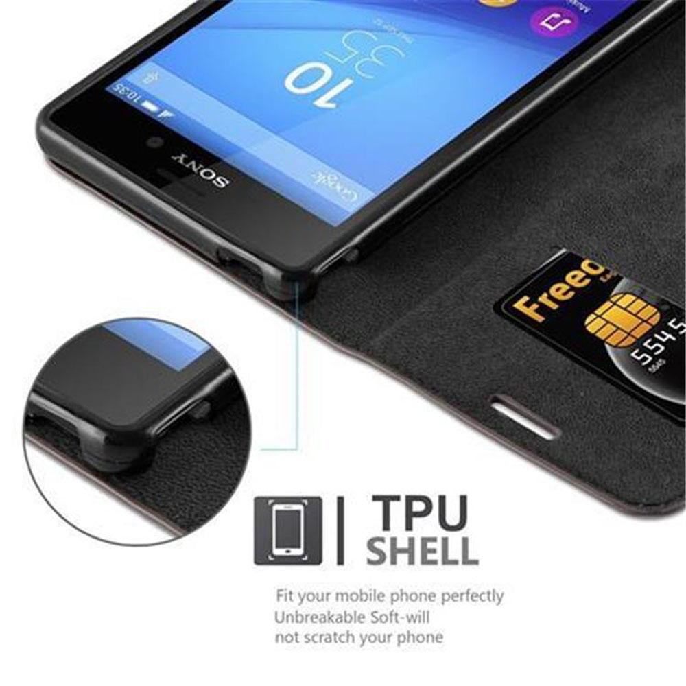 Un teléfono en una funda con una tarjeta. La funda es negra y el teléfono muestra el logo de Sony.