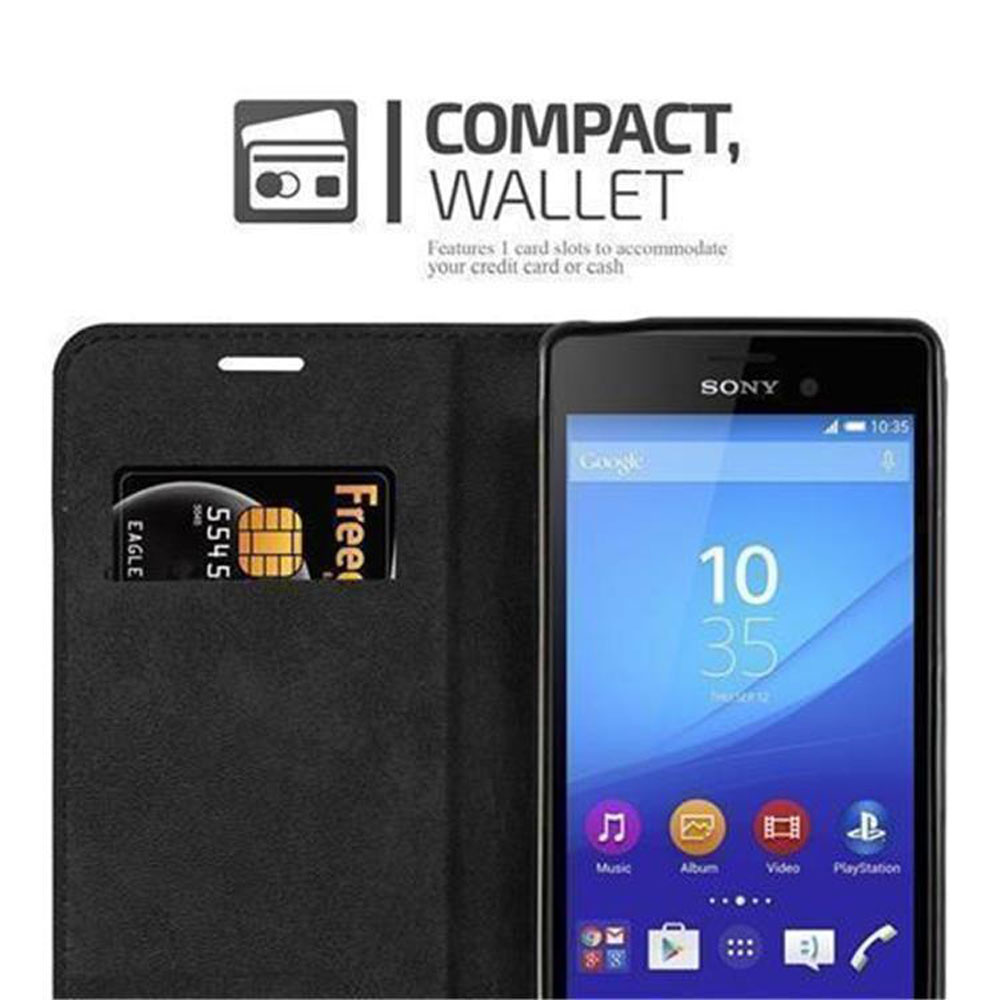 Teléfono negro en una funda con ranuras para tarjetas de crédito. Texto: Compacto, Cartera. Muestra una tarjeta.