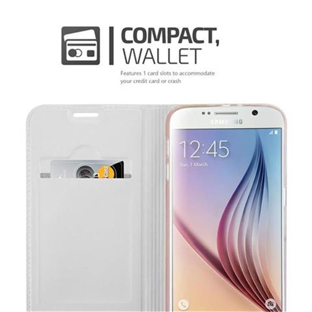 Custodia bianca per telefono con scomparti per carte e un telefono con display sfumato rosa e viola, e una carta.