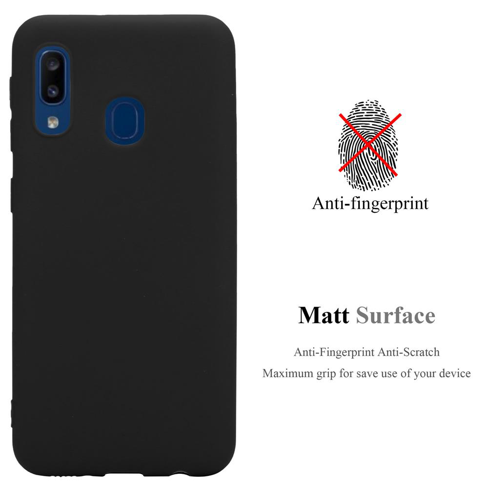 Custodia nera per telefono con superficie opaca e un simbolo anti-impronte digitali. Testo: Superficie opaca, Anti-impronte digitali.