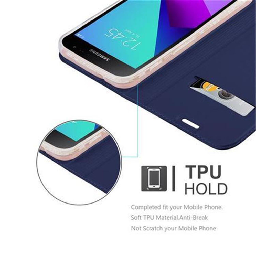 Telefono in custodia blu, con fessura per carte. Orario mostrato.