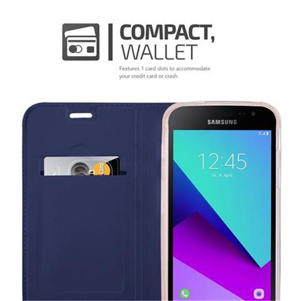 Custodia blu per telefono con fessura per carte. Un telefono Samsung è dentro. L'ora è 12:45.