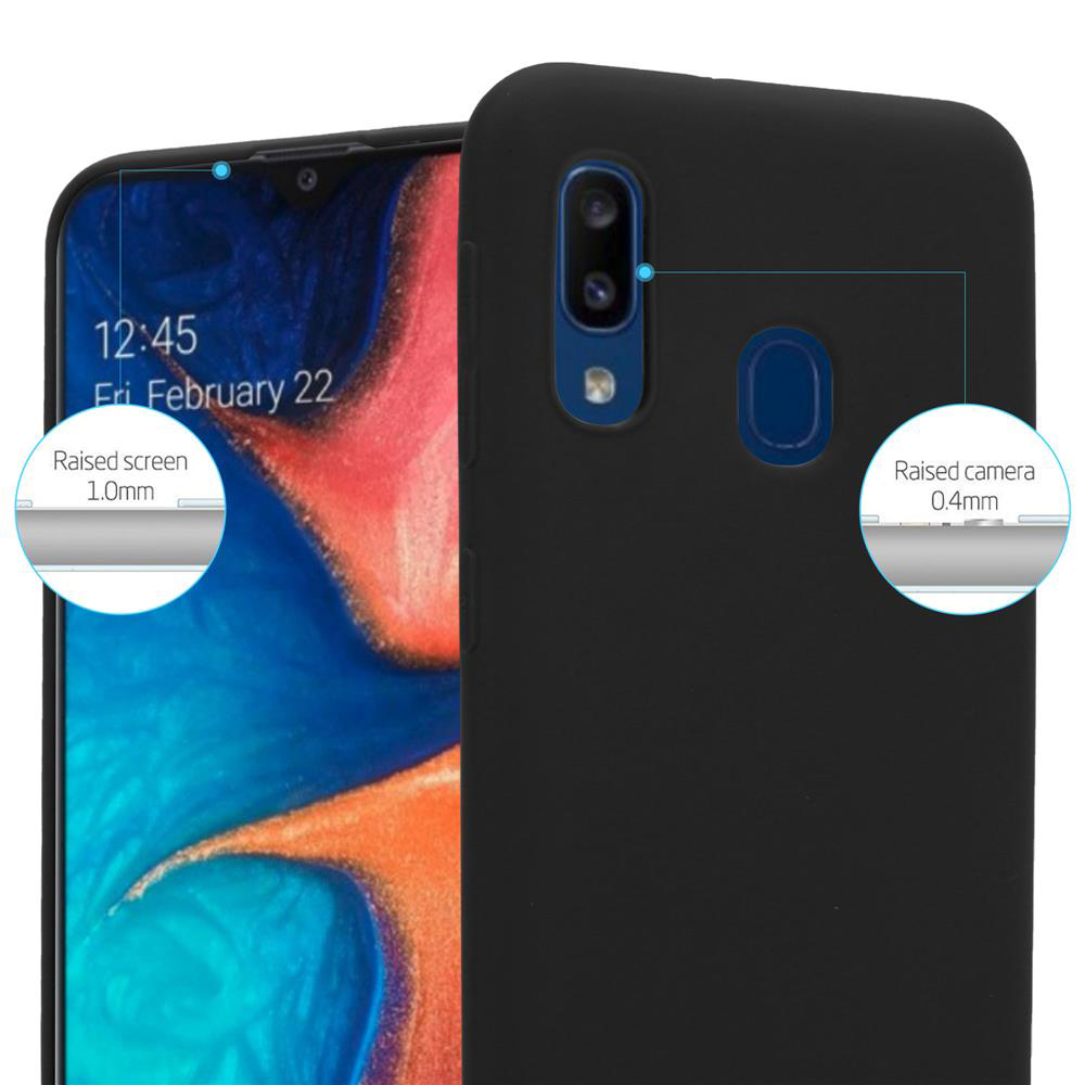 Viene mostrata una custodia per telefono nera con un telefono all'interno. Lo schermo e la fotocamera sono evidenziati in cerchi.