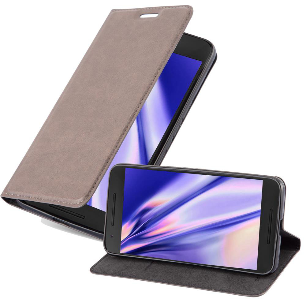 Funda de teléfono gris. El teléfono está abierto. La pantalla muestra una imagen azul y blanca.