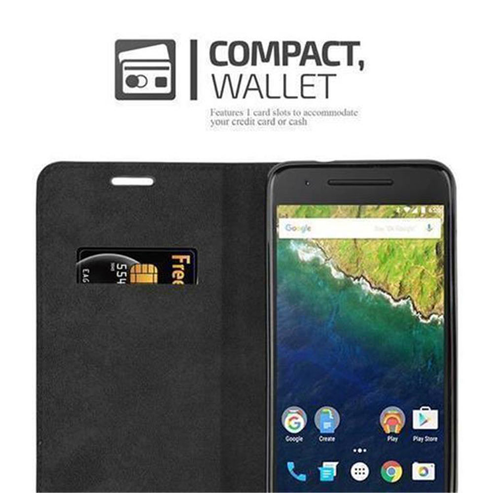 Funda de teléfono negra con teléfono dentro. Tarjeta visible en ranura. Texto: Compacto, Cartera. 1 ranura para tarjeta.