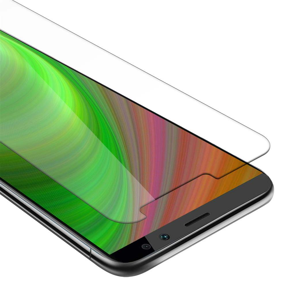 Uno schermo del telefono con vetro temperato applicato, che mostra un'immagine astratta colorata.