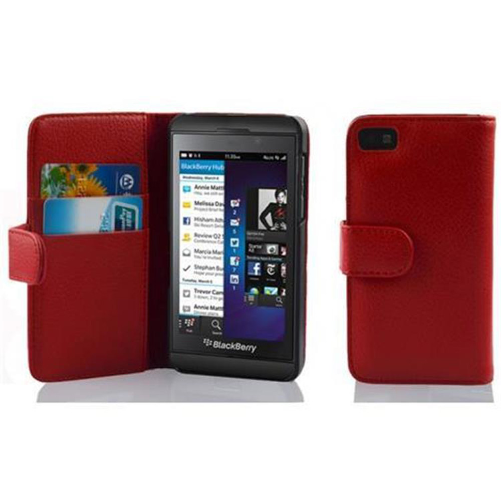 Rote Handyhülle mit schwarzem Blackberry-Telefon, Geld und Kreditkarten. Mehrere Ansichten.