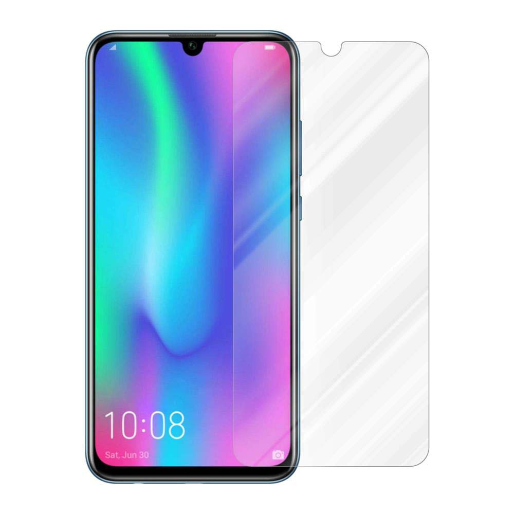 Un telefono blu con una protezione per lo schermo accanto. La protezione è trasparente e chiara.