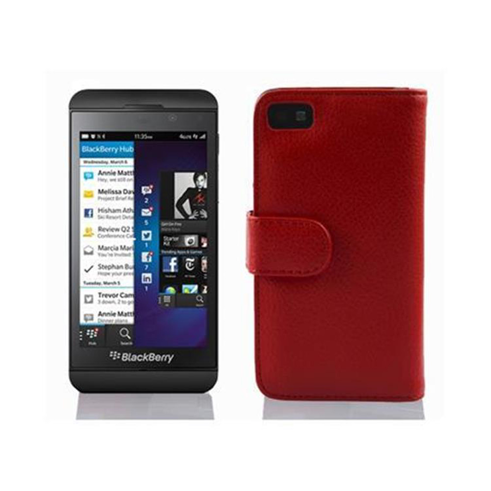 BlackBerry-Telefon neben einer roten Lederhülle, zeigt die Benutzeroberfläche des Telefons.