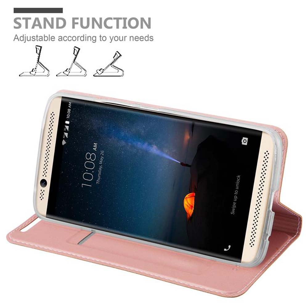 Custodia rosa con telefono dentro, paesaggio sullo schermo. Icone della funzione stand in alto.